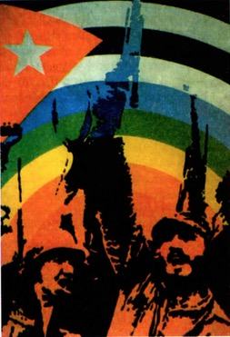 Bandeira de cuba sob os revolucionários erguendo armas.